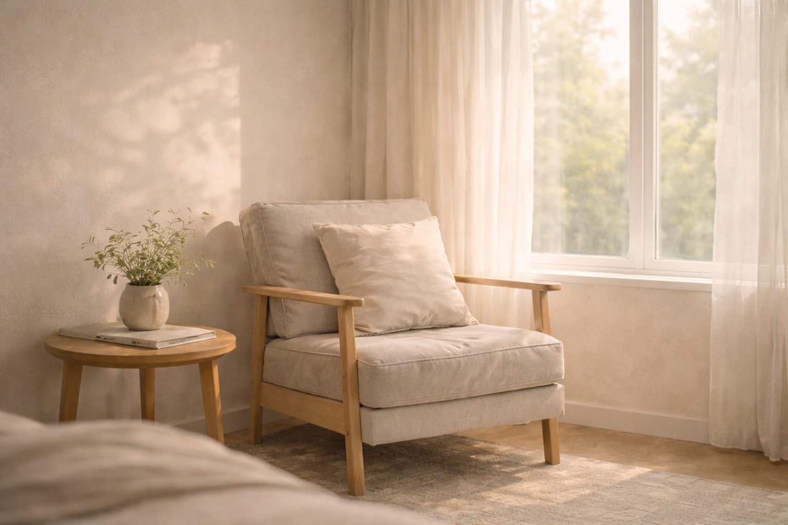 A comfortable therapy chair in a warm, sunlit room